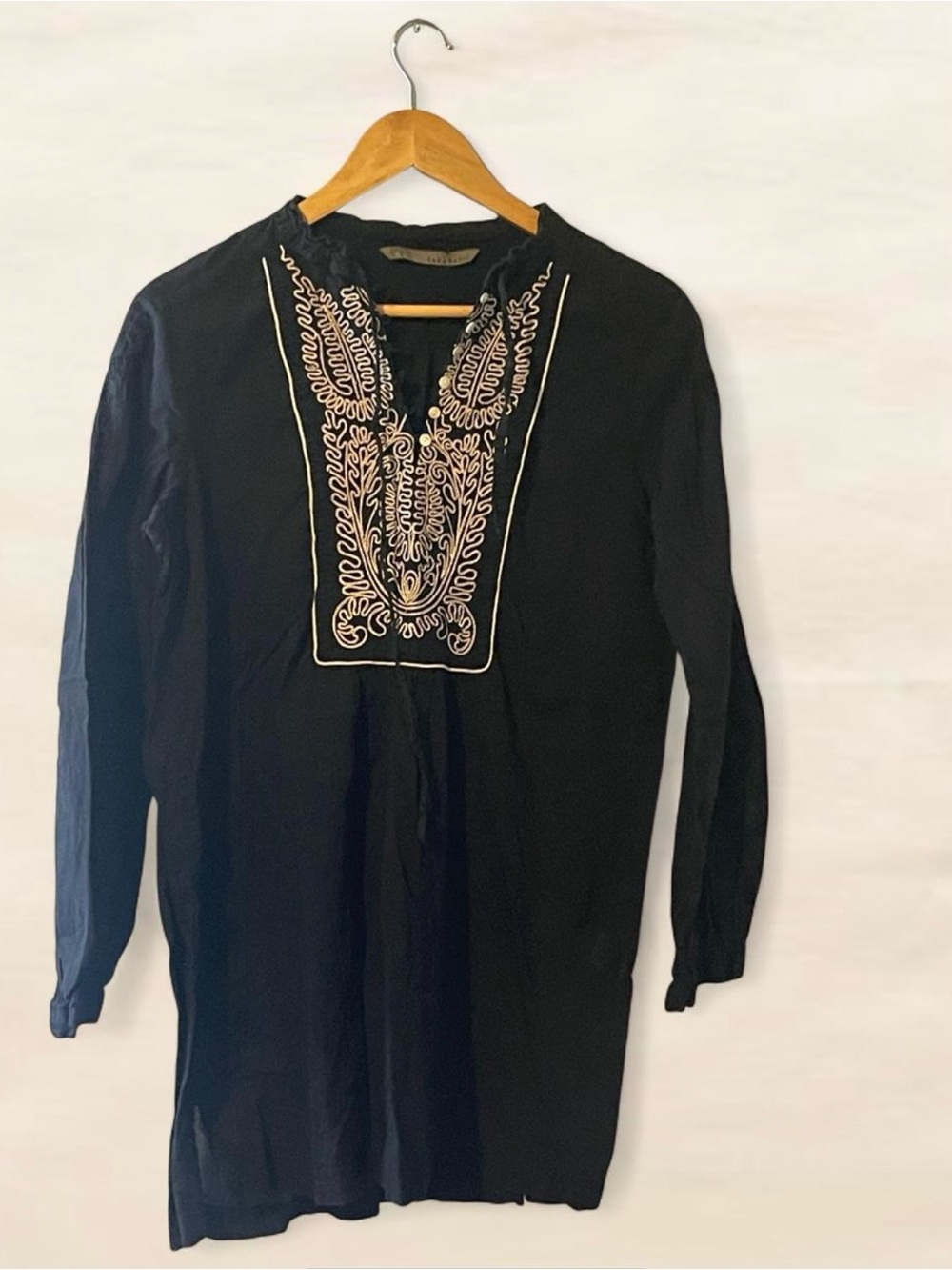 Zara Basic Black Embroidered Long Sleeve Tunic Top / Dress | Size S